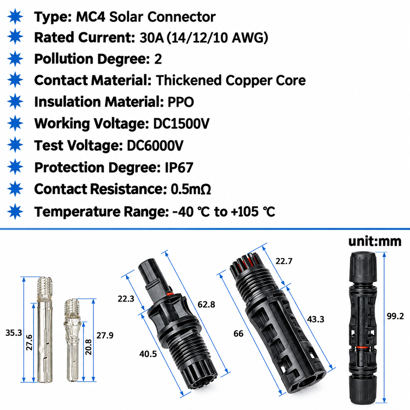 SEPL MC4 Copper Solar PV Connector 1500V DC 30A – Male & Female Pair